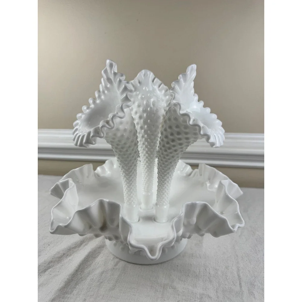 Fenton White Milk Glass Hobnail 3-Horn Epergne Ruffled Centerpiece Vase 4-Piece